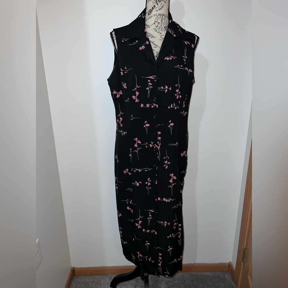 Studio I Black Floral Sleeveless Midi Dress Size 14 Button Front 90s Minimalist